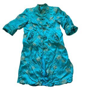 Traditional Chinese smoking jacket blue silky chrysanthemum floral design Small